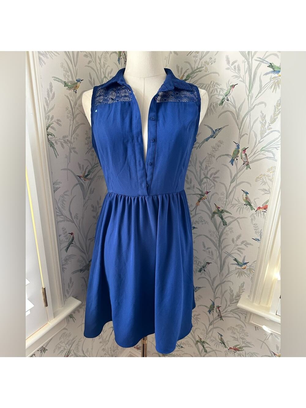 Maison Jules women’s lace sleeveless midi blue dress two side pockets